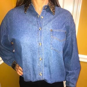 Vintage Denim button up shirt with Leopard print accents